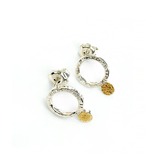 Hammered textured sterling silver hoop studs with 22ct gold