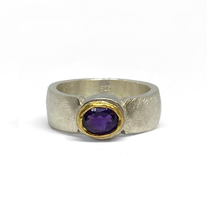 Amethyst sterling silver ring with 22ct gold bezel